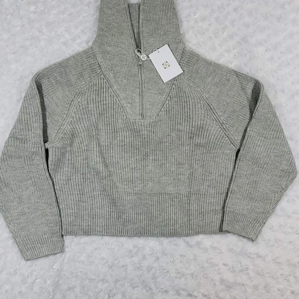 Wayf Womens Cropped Sweater Quarter Zip Knitted Gray Size XL NWT